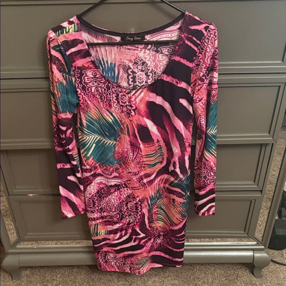 Vibrant Pink and Black Long Sleeve Dress